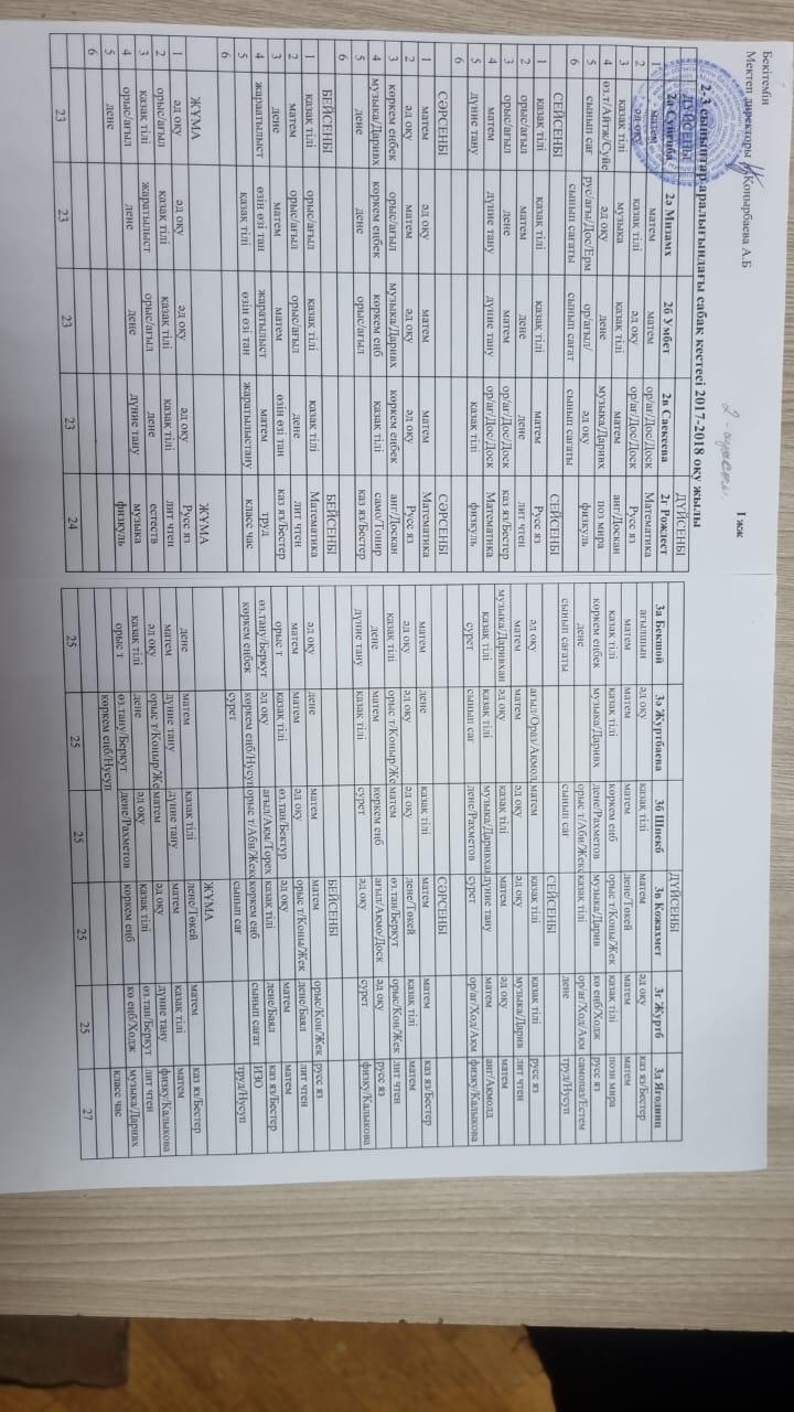 2017-2018 оқу жылының сабақ кестесі